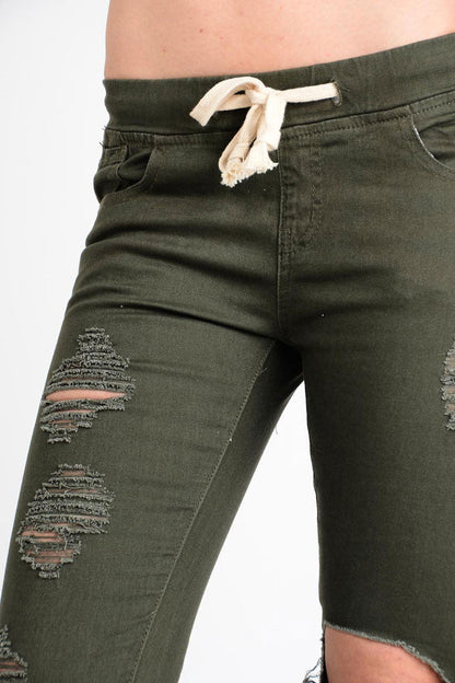 Women's Solid Torn Skinny Jogger Pants