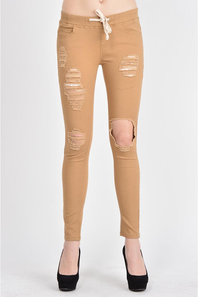 Women's Solid Torn Skinny Jogger Pants