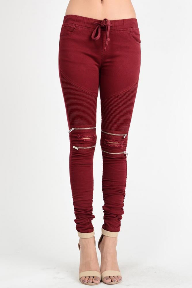 Women's Biker Style Ripped Zip Rider Jogger Pants