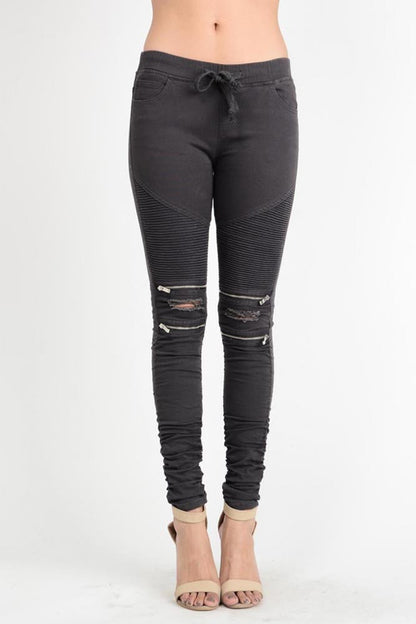 Women's Biker Style Ripped Zip Rider Jogger Pants