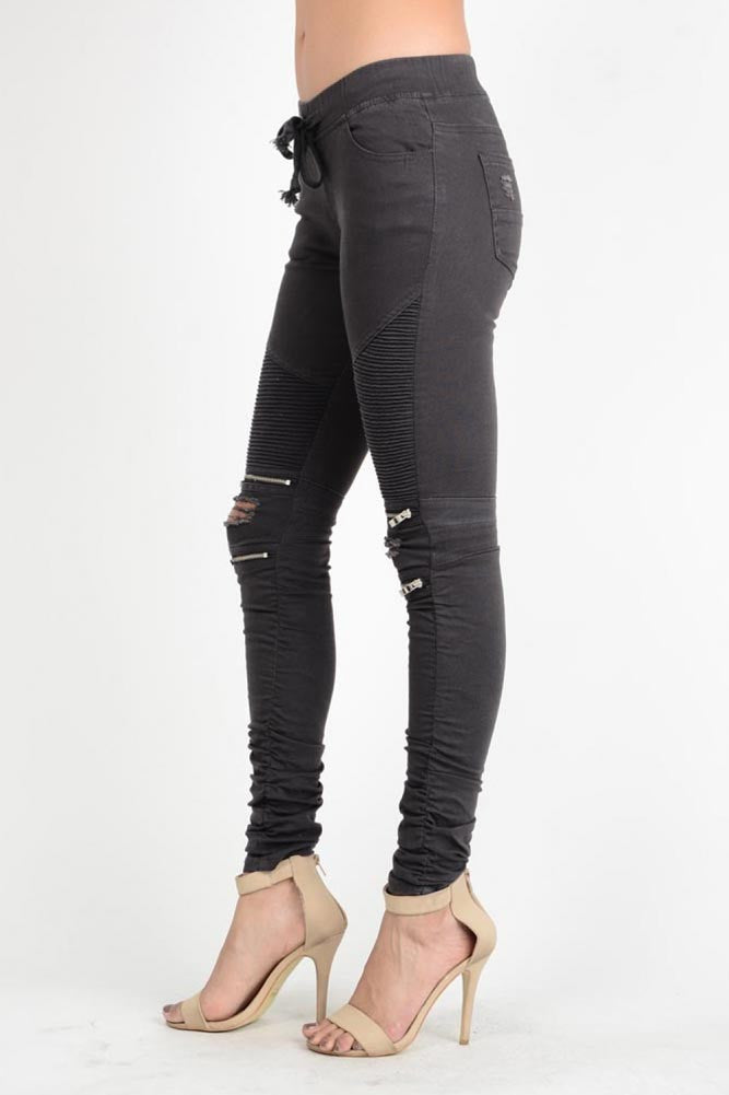 Women's Biker Style Ripped Zip Rider Jogger Pants