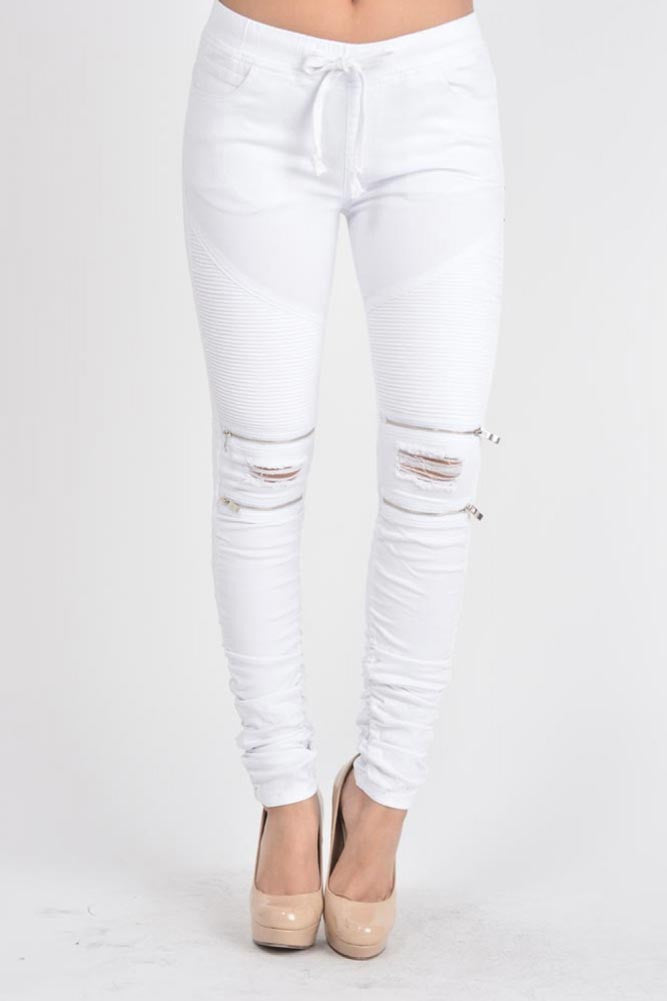 Women's Biker Style Ripped Zip Rider Jogger Pants