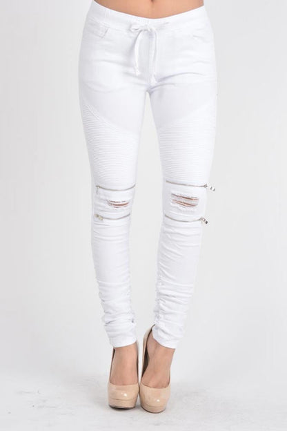 Women's Biker Style Ripped Zip Rider Jogger Pants
