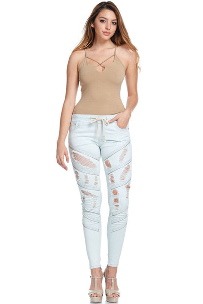 Women's Diagonal Zipper Denim Jogger