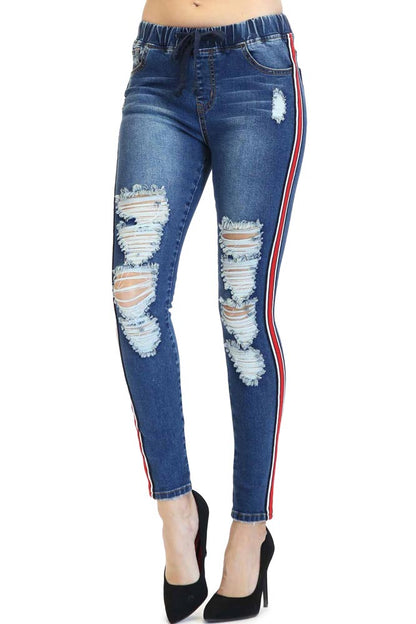 Women's Ripped Denim Jogger with Stripe