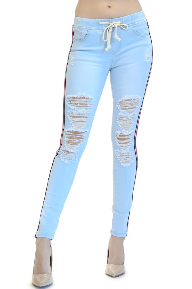 Women's Ripped Denim Jogger with Stripe