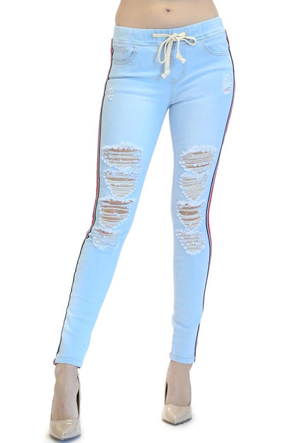 Women's Ripped Denim Jogger with Stripe