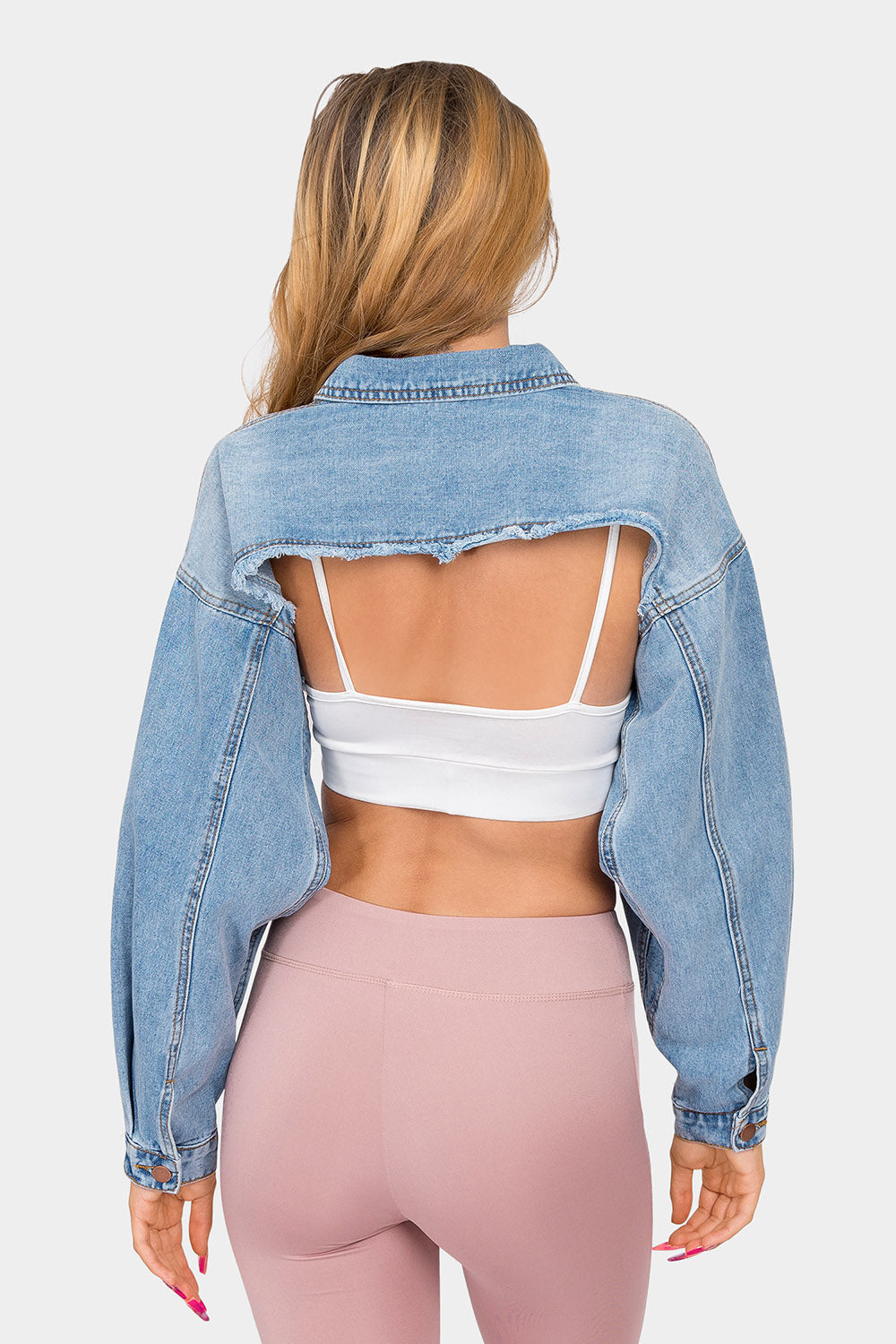 Cropped Backless Raw Hem Denim Jacket
