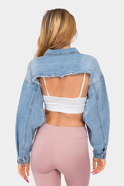 Cropped Backless Raw Hem Denim Jacket