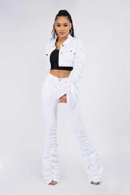 Women's Scrunched Bungee Sleeve Cropped Denim Jacket