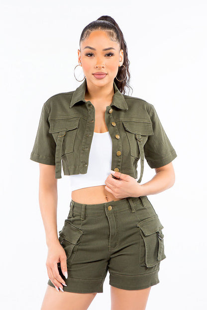 Women's Garment Dyed Color Washed Cropped Denim Shirt