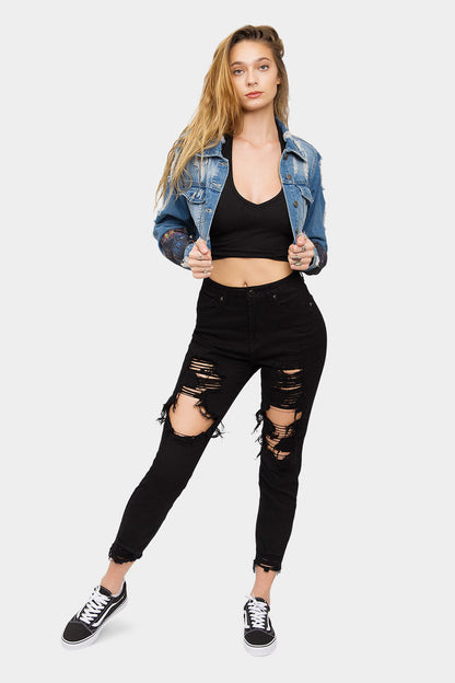 Hollywood Print Cropped Denim Jacket