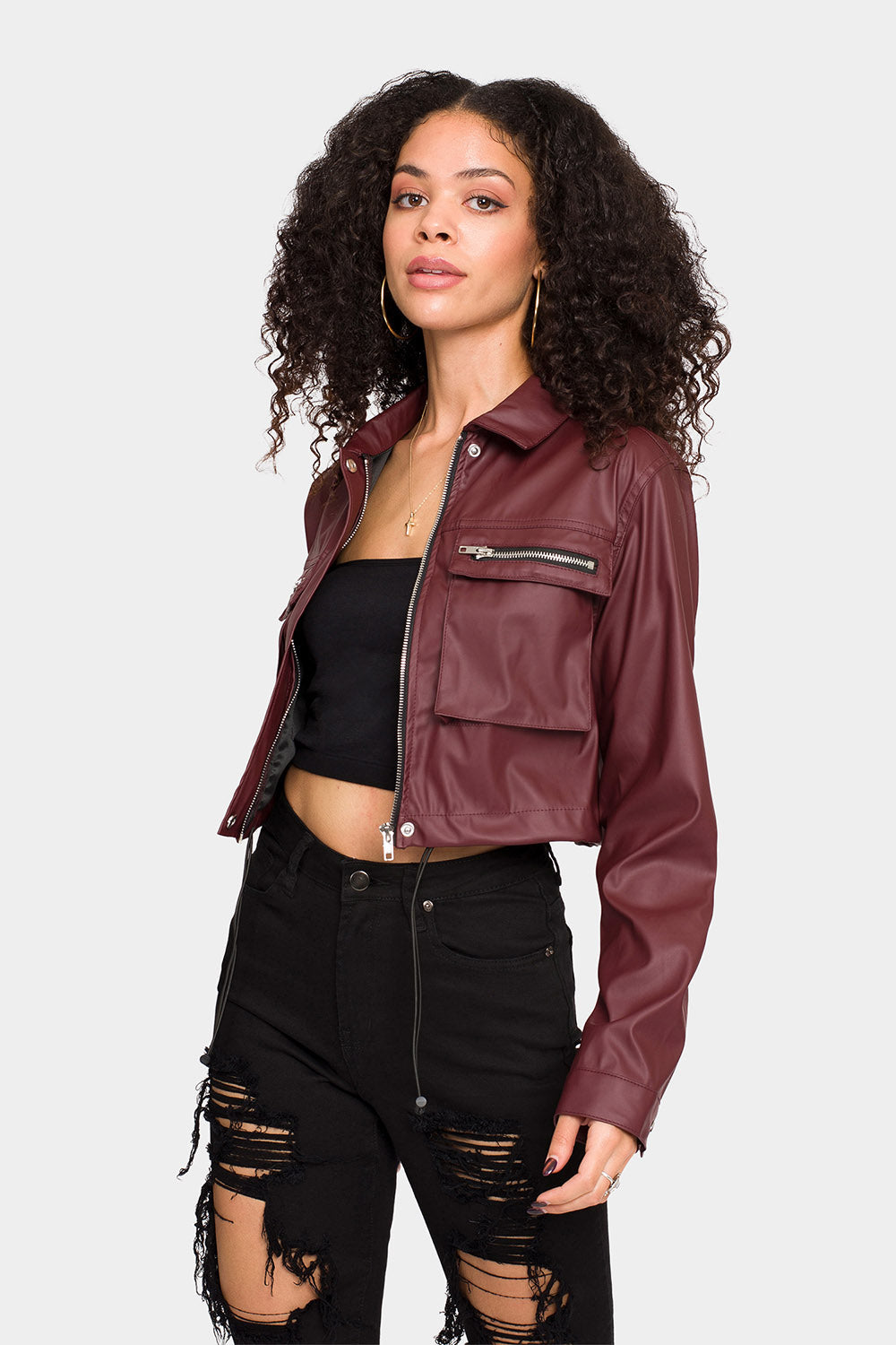 Faux Leather Cropped Jacket