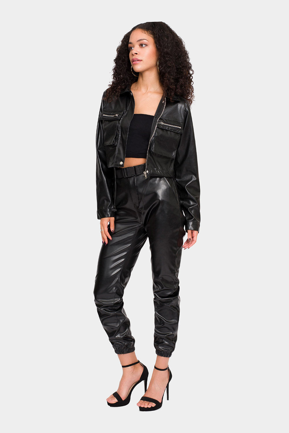 Faux Leather Cropped Jacket High Rise Jogger Set