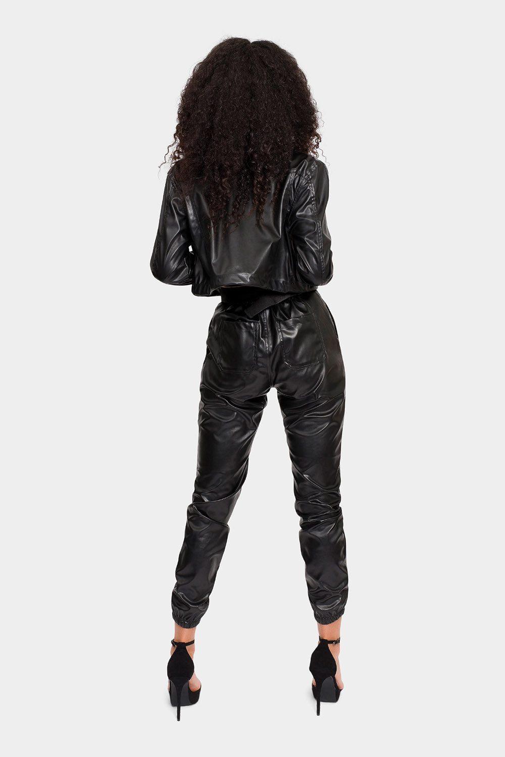 Faux Leather Cropped Jacket High Rise Jogger Set