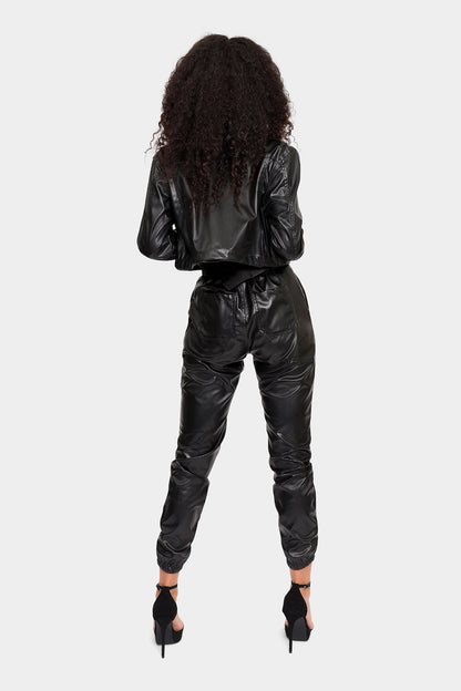 Faux Leather Cropped Jacket High Rise Jogger Set