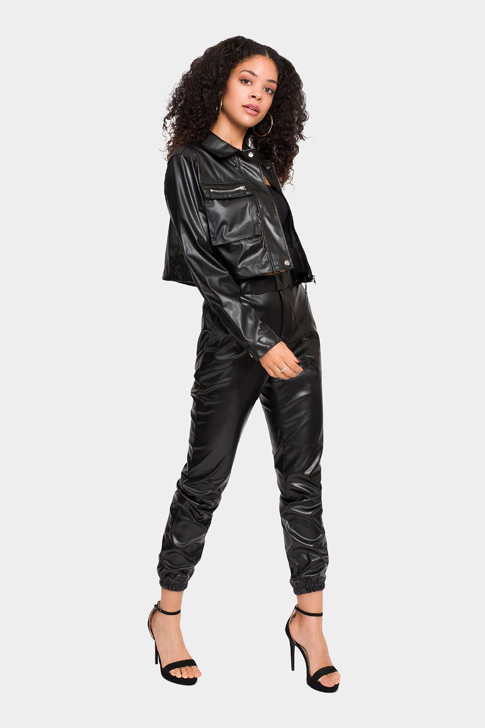 Faux Leather Cropped Jacket High Rise Jogger Set