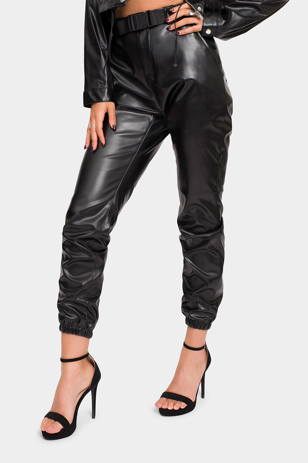 Faux Leather Cropped Jacket High Rise Jogger Set