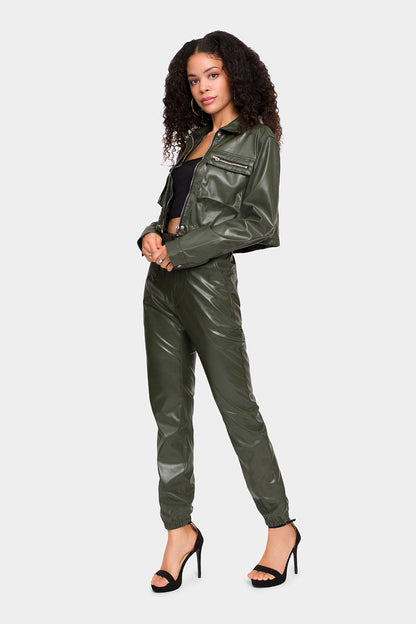 Faux Leather Cropped Jacket High Rise Jogger Set