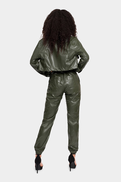 Faux Leather Cropped Jacket High Rise Jogger Set