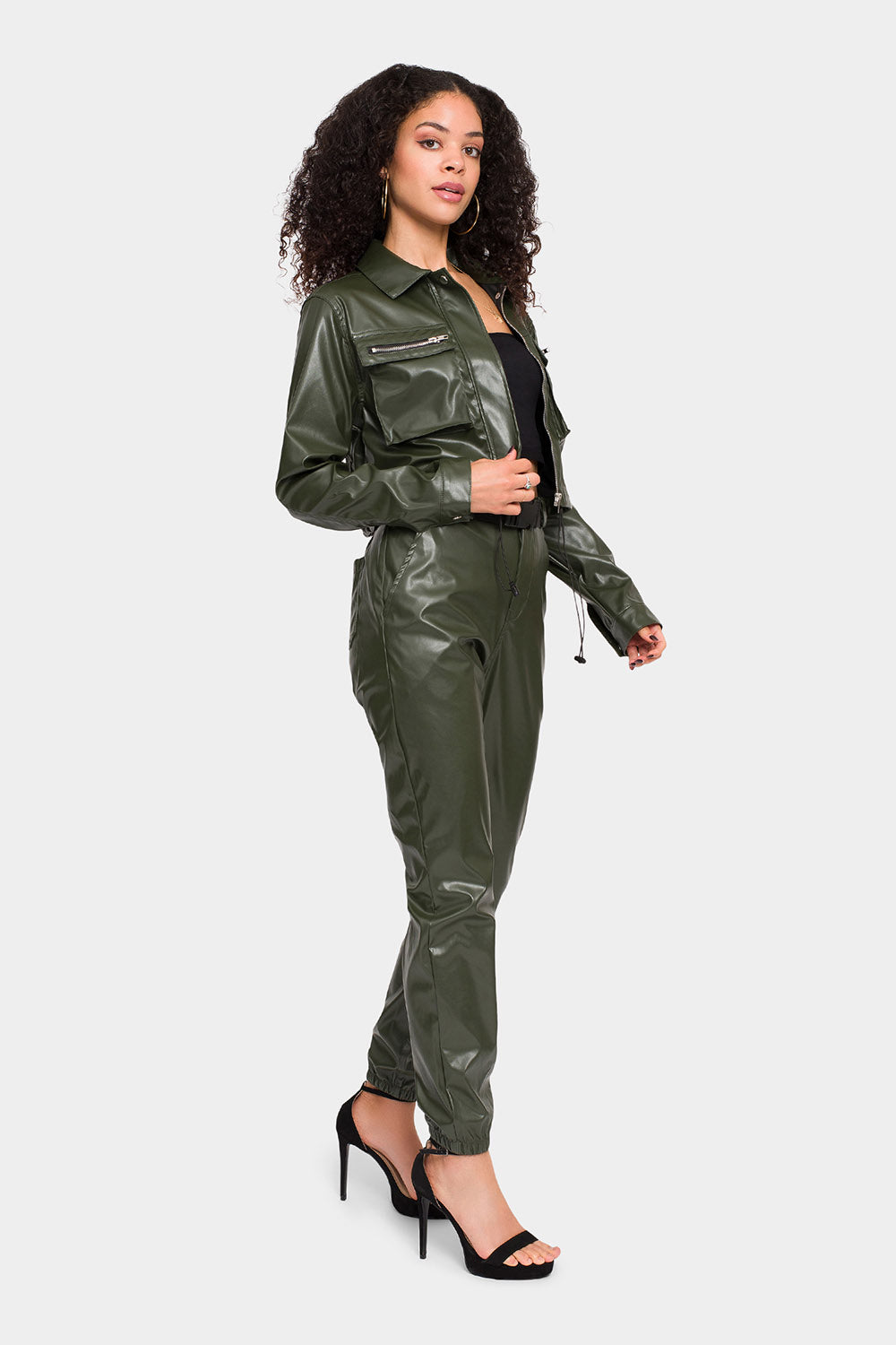 Faux Leather Cropped Jacket High Rise Jogger Set