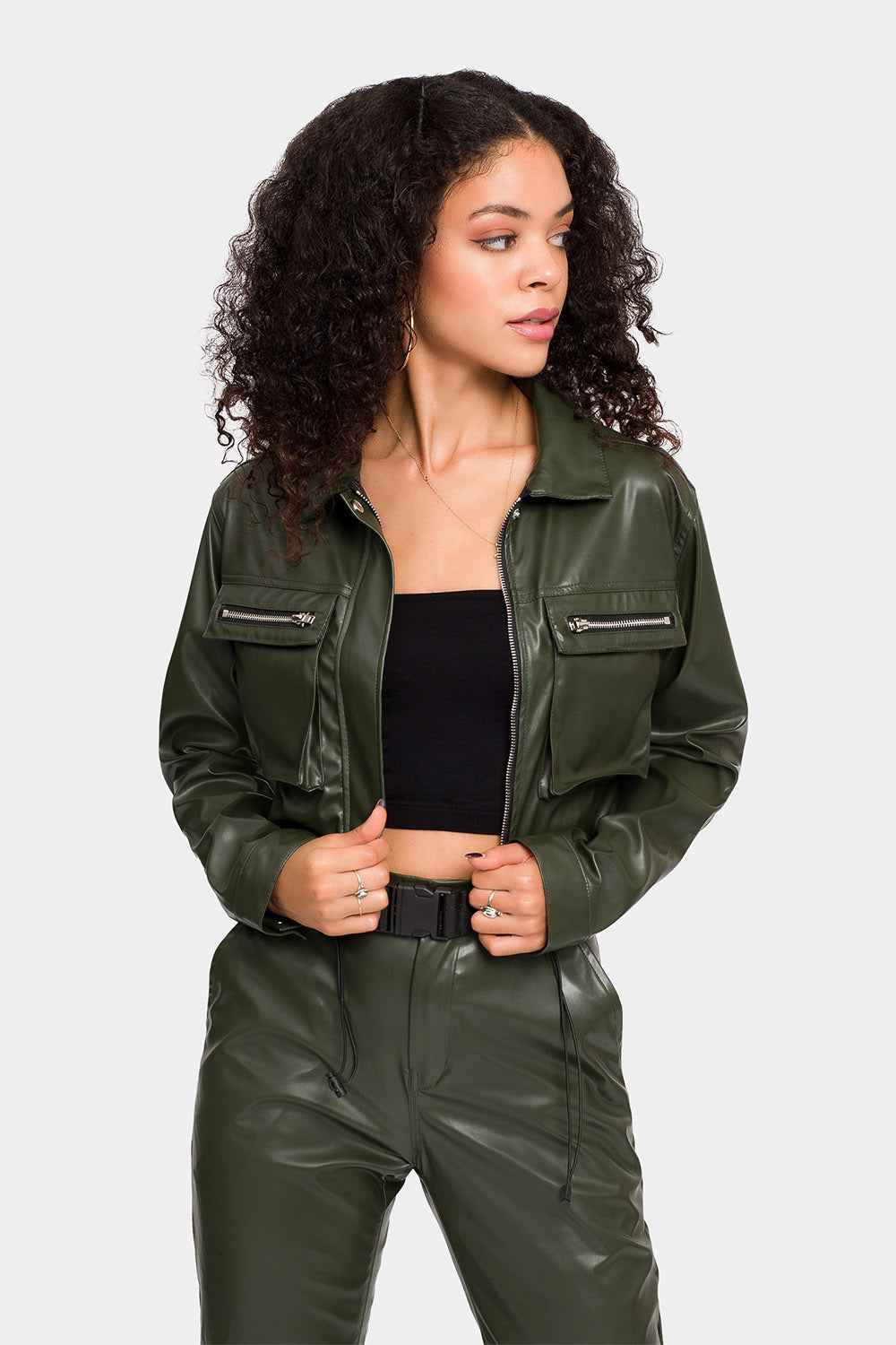 Faux Leather Cropped Jacket High Rise Jogger Set