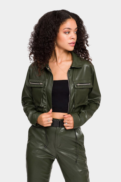 Faux Leather Cropped Jacket High Rise Jogger Set