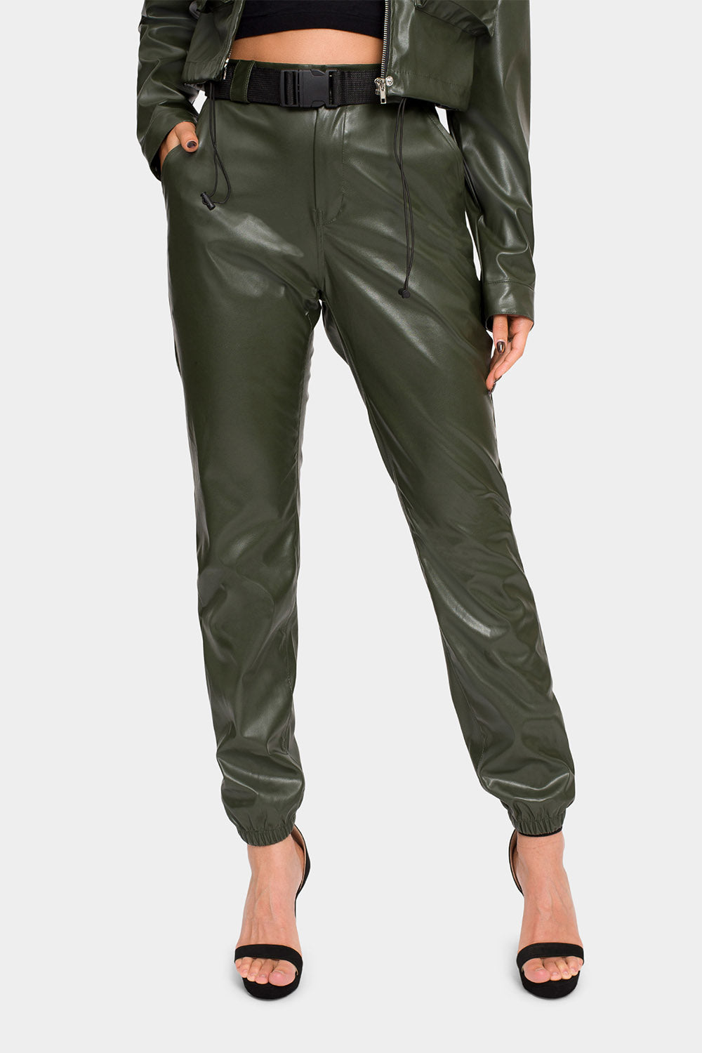 Faux Leather Cropped Jacket High Rise Jogger Set