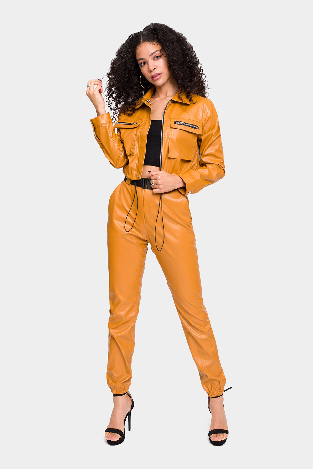 Faux Leather Cropped Jacket High Rise Jogger Set