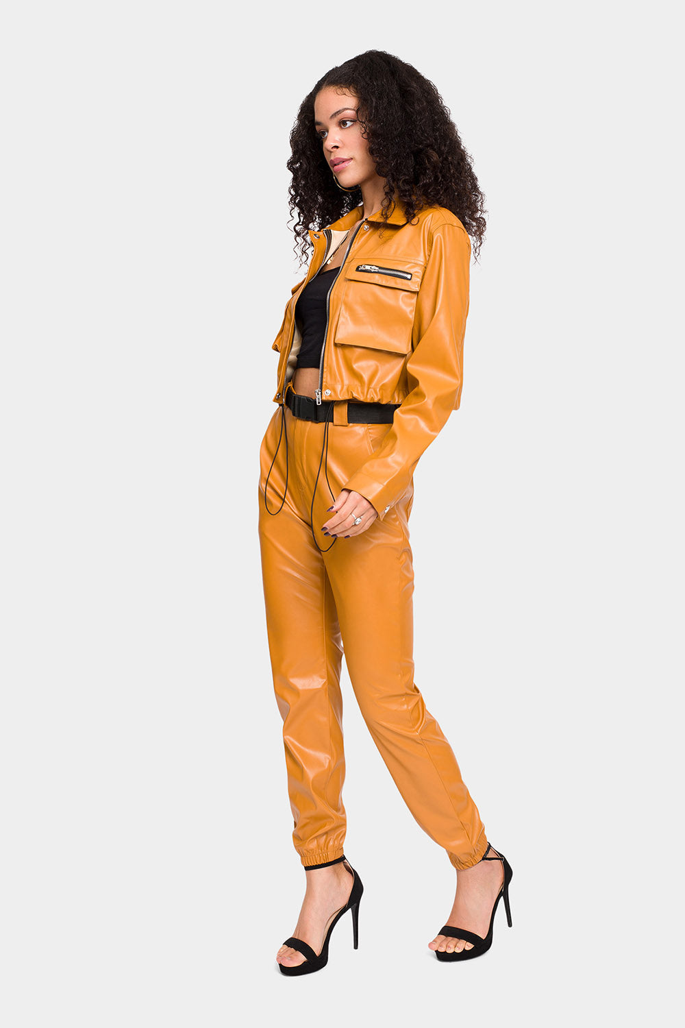 Faux Leather Cropped Jacket High Rise Jogger Set