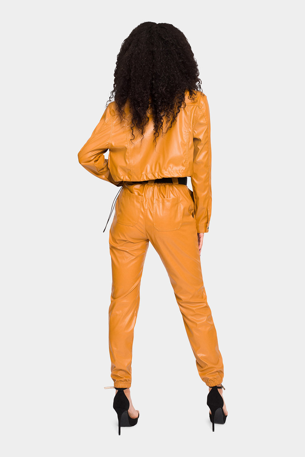 Faux Leather Cropped Jacket High Rise Jogger Set