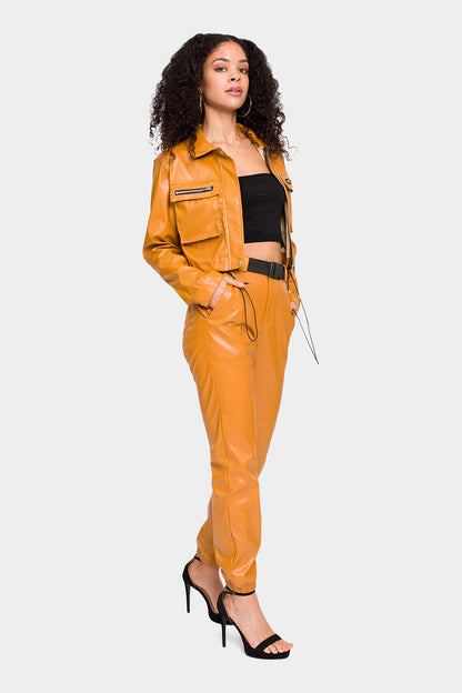 Faux Leather Cropped Jacket High Rise Jogger Set
