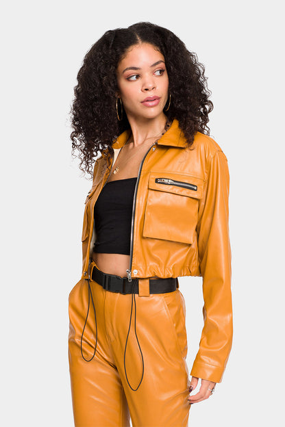 Faux Leather Cropped Jacket High Rise Jogger Set