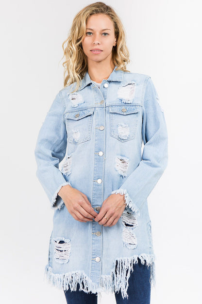 Long Distressed Denim Jean Jacket