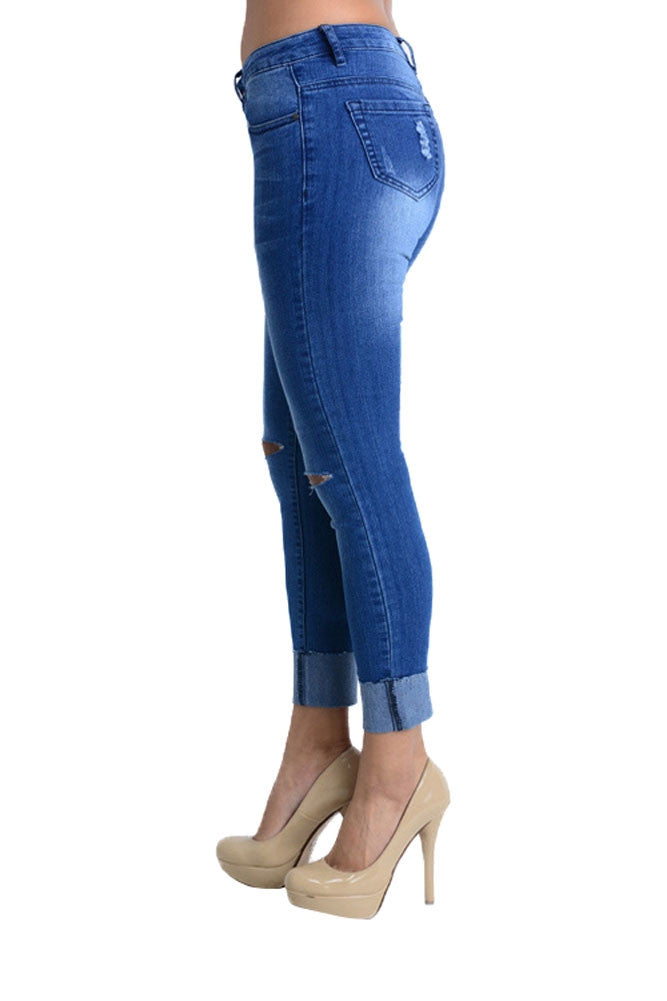 Women's Ripped Knee Cuffed Skinny Jeans