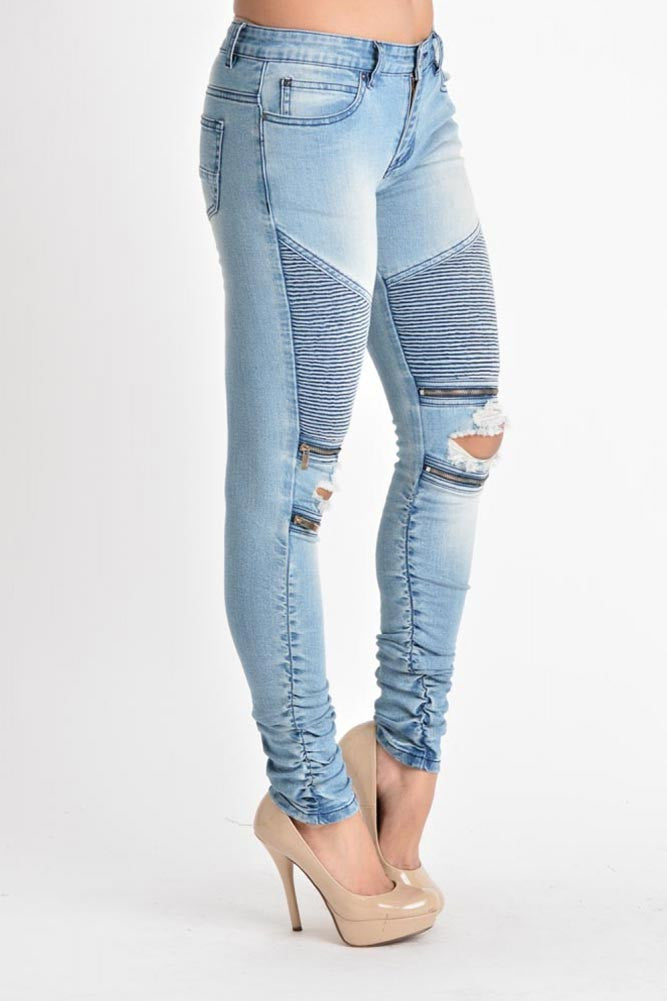 Women's Biker Style Ripped Zip Rider Jeans