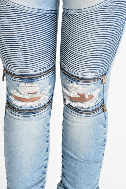 Women's Biker Style Ripped Zip Rider Jeans