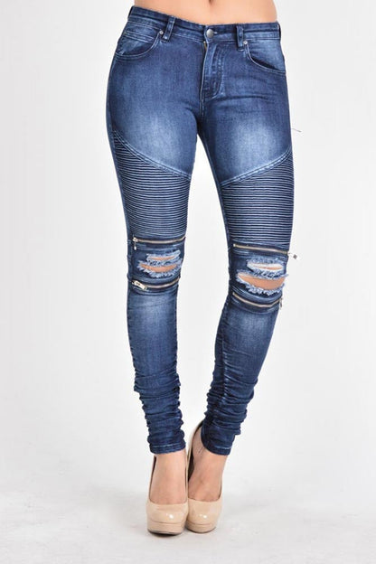 Women's Biker Style Ripped Zip Rider Jeans