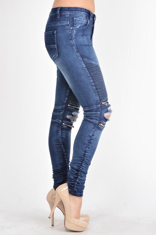 Women's Biker Style Ripped Zip Rider Jeans
