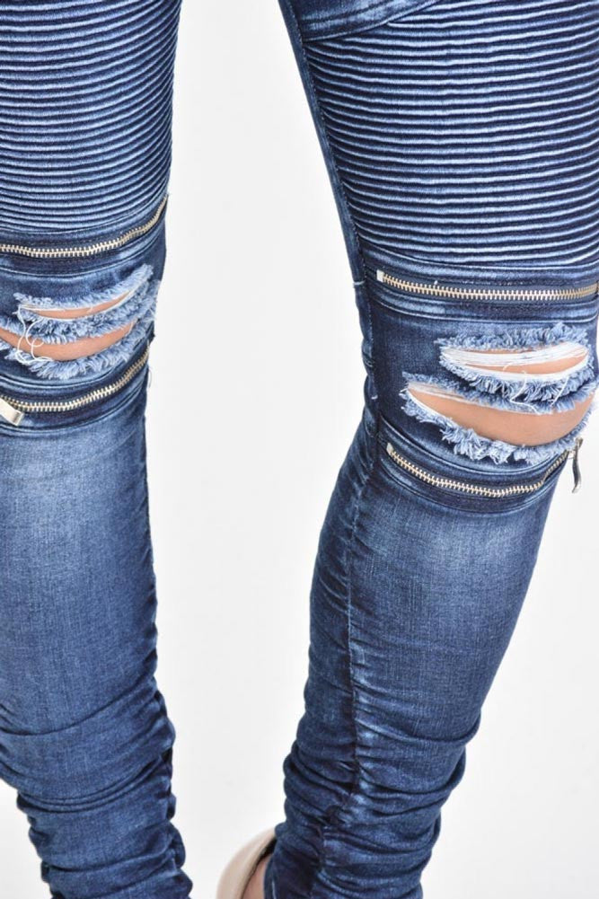 Women's Biker Style Ripped Zip Rider Jeans
