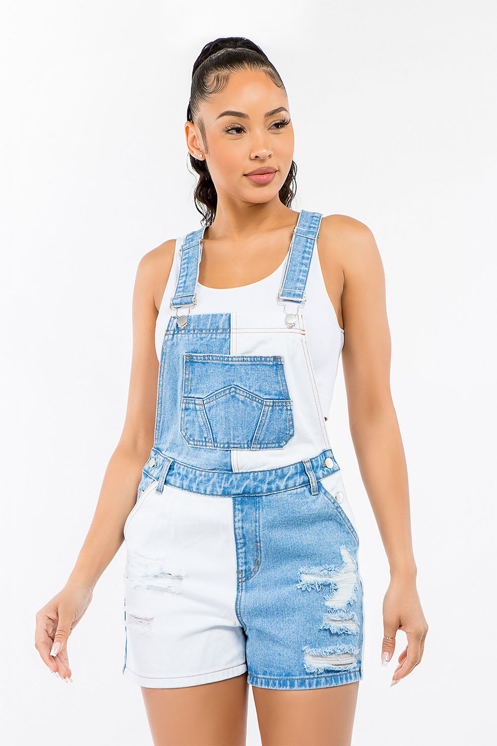 Women's Patchwork Color Block Denim Short Overalls