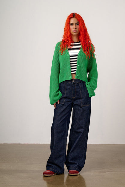 Robyn - V-Neck Cotton Cardigan in Kelly Green