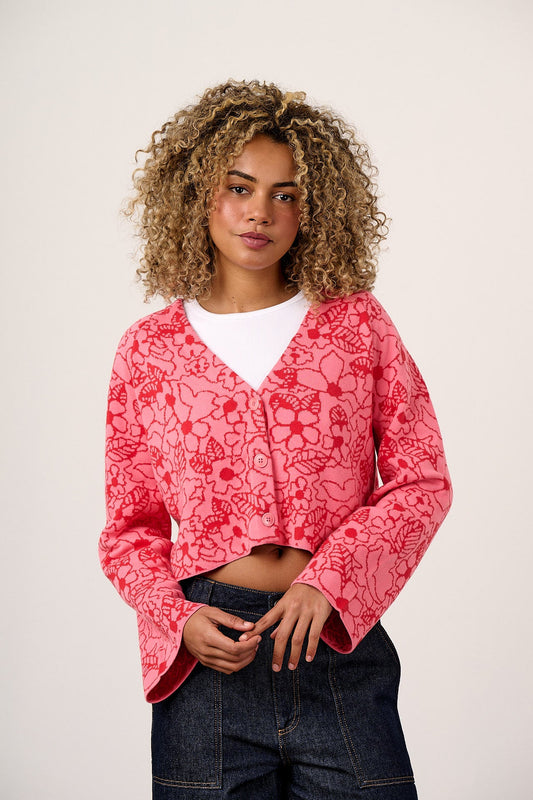 Robyn - V-Neck Cotton Cardigan in Pink & Red Kahlo Blooms