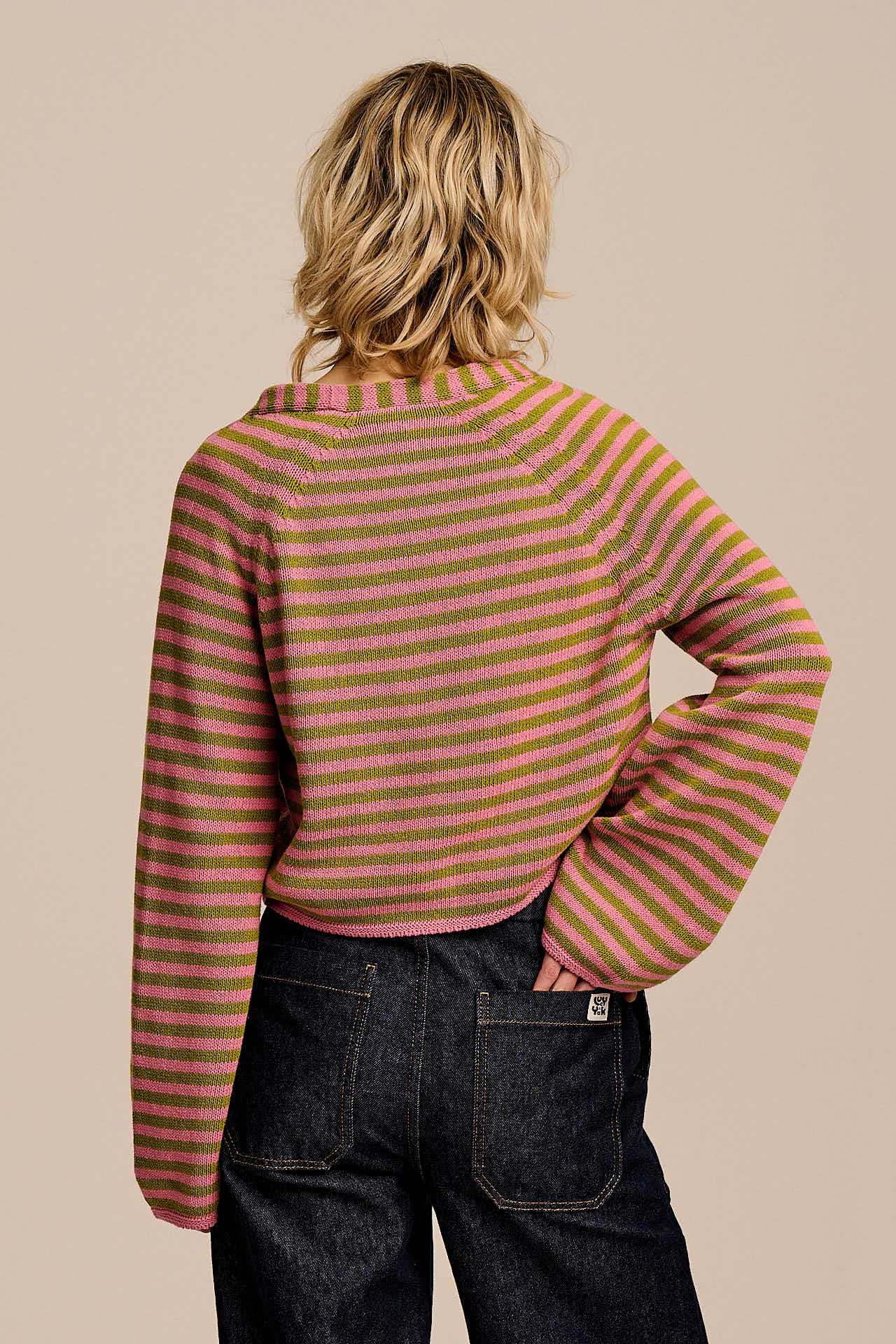 Robyn - V-Neck Cotton Cardigan in Green & Pink Stripe