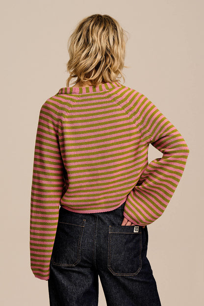 Robyn - V-Neck Cotton Cardigan in Green & Pink Stripe