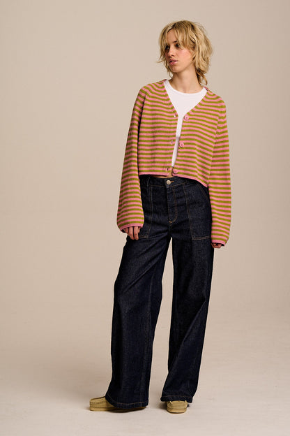 Robyn - V-Neck Cotton Cardigan in Green & Pink Stripe