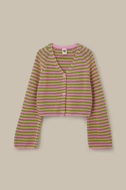 Robyn - V-Neck Cotton Cardigan in Green & Pink Stripe