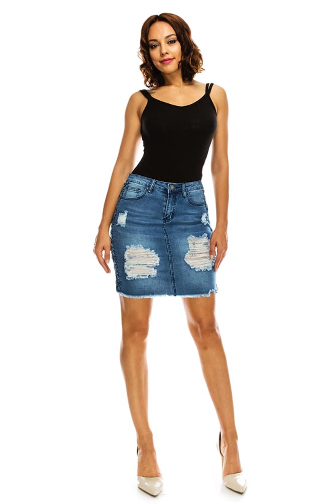 Women's Destroyed Side Lace-Up Denim Skirt