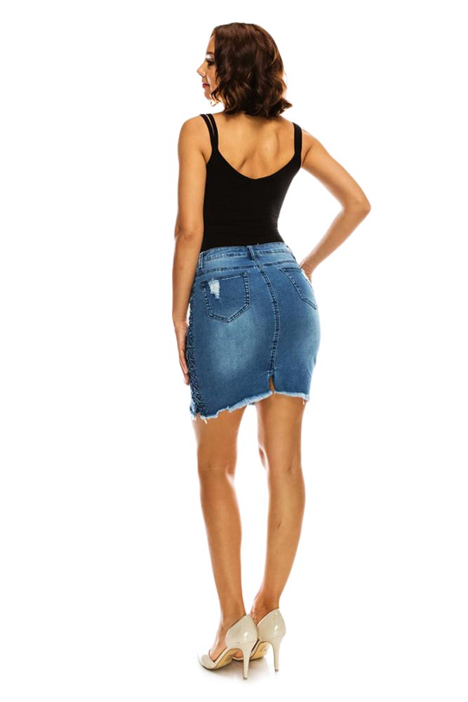 Women's Destroyed Side Lace-Up Denim Skirt