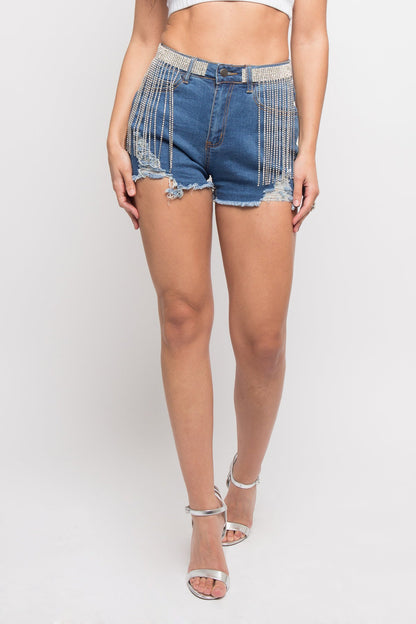 Distressed Crystal Belt Chain Shorts